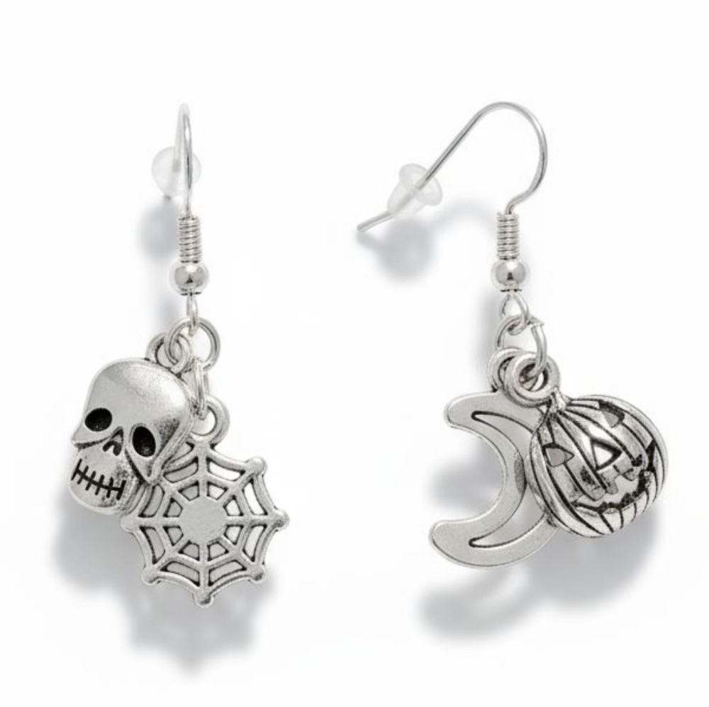 NWT Adorable Tiny Silver Dangling Halloween Earrings Skull , Pumpkin!!